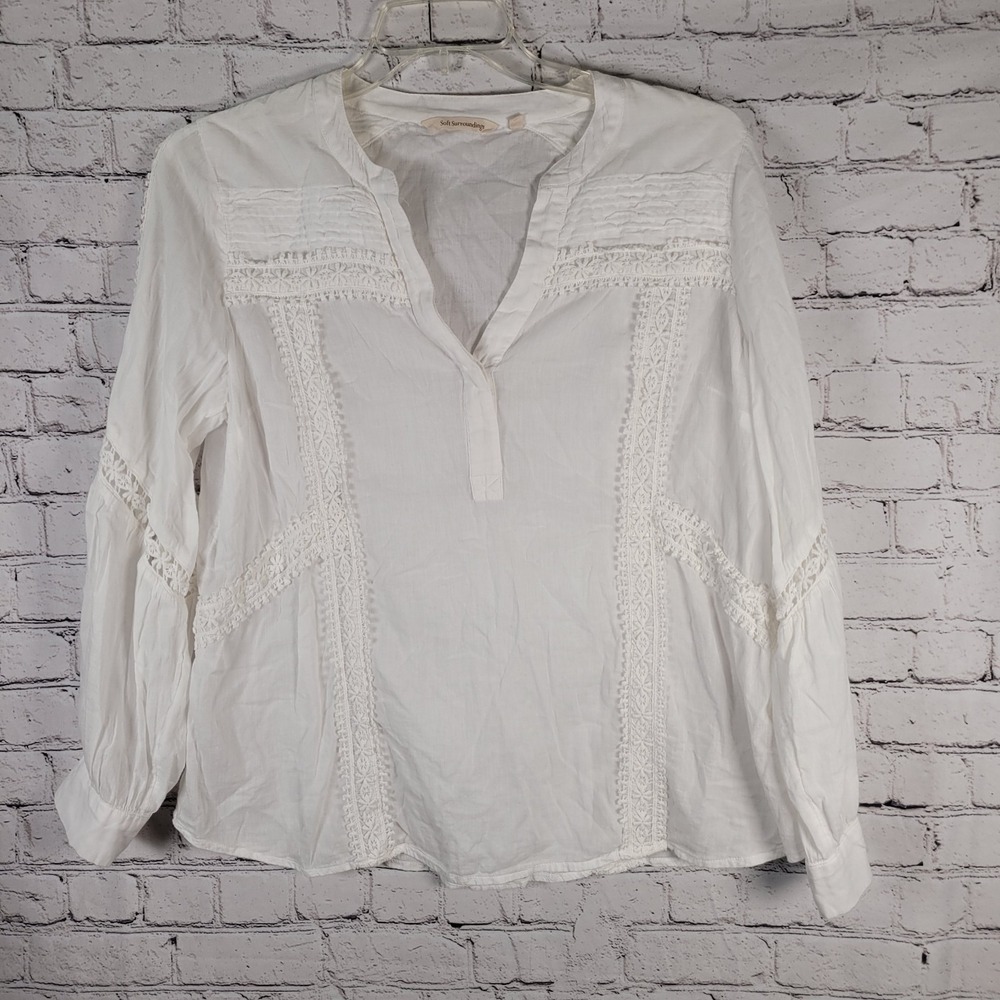 Soft Surroundings White‎ Embroidered Crochet Tunic Top Blouse Bohemian Large - Picture 2 of 7